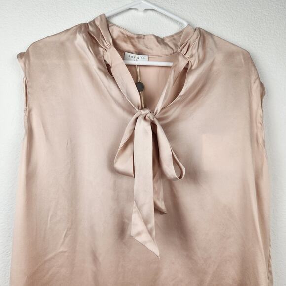 Sandro Paris Tank Size 2 US Size 6 Cream Sleeveless NWT 100% Silk Bow - Picture 2 of 12
